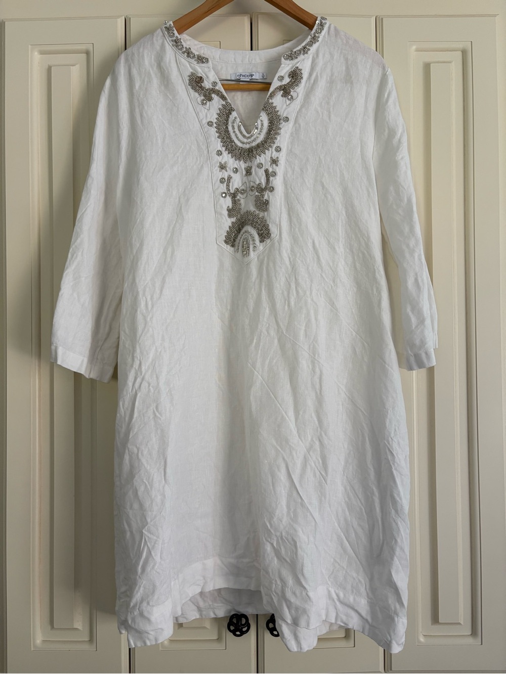 Chico’s 3 U.S. 16 100% Linen Tunic Dress Silver Beaded Embellishments Bohemian